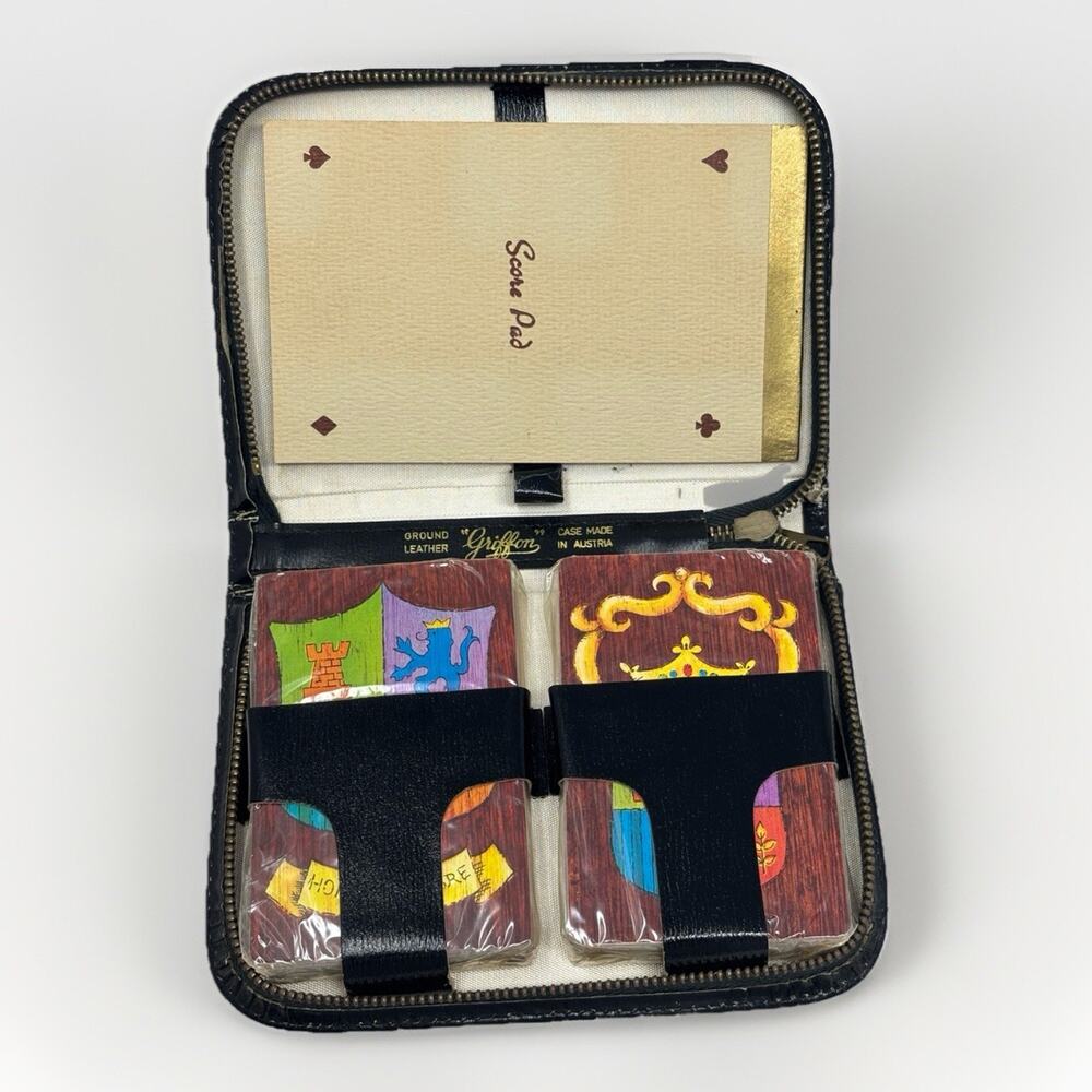 Vtg Griffon Playing Cards Made In‎ Austria Black Leather Case Score Pad NEW